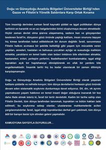 Doğu ve Güneydoğu Anadolu Bölgeleri Üniversiteler Birliği'nden Gazze  ve Filistin'e Yönelik Saldırılara Karşı Ortak Kınama
