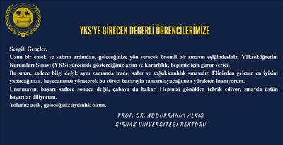 Rektörümüz Prof. Dr. Alkış'ın YKS Mesajı